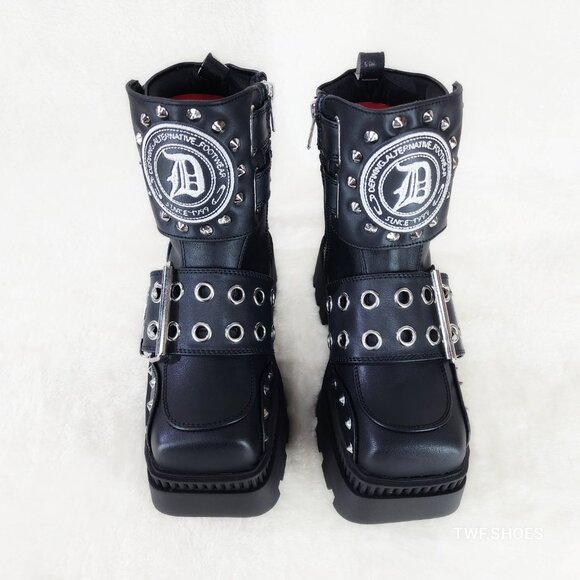 Wicked Wrath 58 Square Toe Goth Lace Up Big Buckle Strap Ankle Boots - Picture 7 of 13